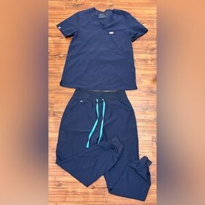 Figs Technical Collection Navy Scrub Pants with Teal Accent - medium